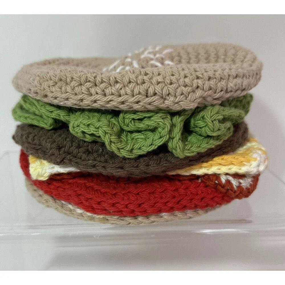 Lot of 7 Crochet Trivets that form a bacon cheeseburger, lettuce, tomato, bun